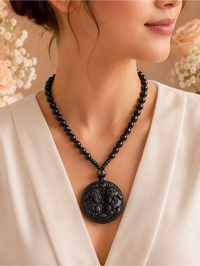 Black Beaded Carved Pendant Necklace - Unbranded